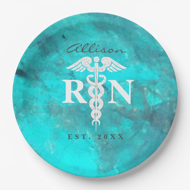 Nurse RN Turquoise Caduceus Graduation Party Paper Plate (Front)