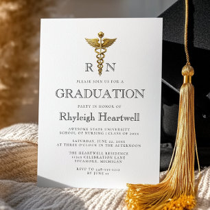 Nurse RN White Gold Caduceus Graduation Party Invitation