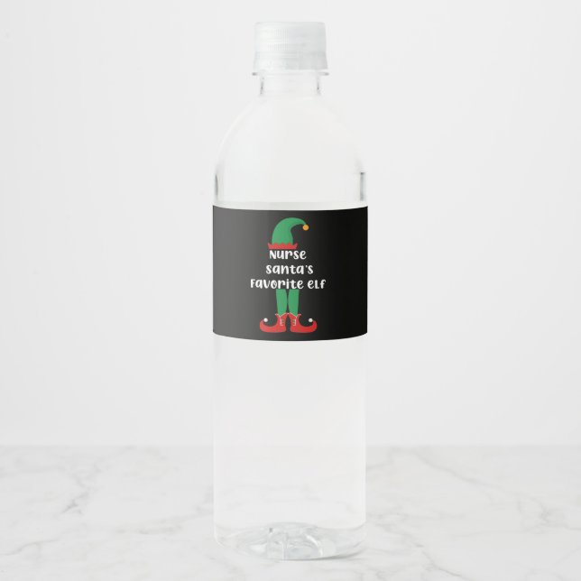 Nurse Santa's Favourite Elf Funny Nurse Christmas Water Bottle Label (Front)
