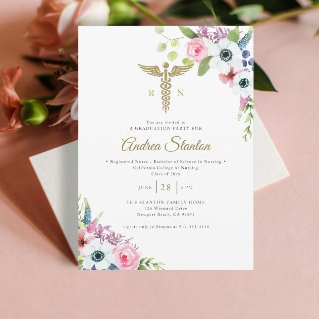 Nurse School Graduation Caduceum Floral Modern Invitation (nursing school graduation gold caduceum floral frame contemporary minimalist modern classy rn)