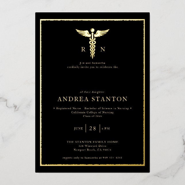 Nurse School Graduation Gold Frame Caduceum Black (Front)