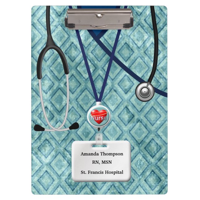 Nurse Scrubs In Teal Diamond Pattern Clipboard (Front)