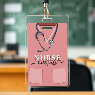 Nurse Scrubs Pink Shirt Stethoscope Hall Pass ID Badge