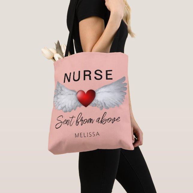 Nurse Sent From Above Angel Wings Pink Name Tote Bag (Close Up)