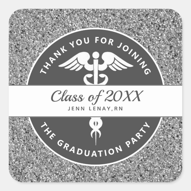 Nurse Silver Glitter Thank You Graduation Square Sticker (Front)