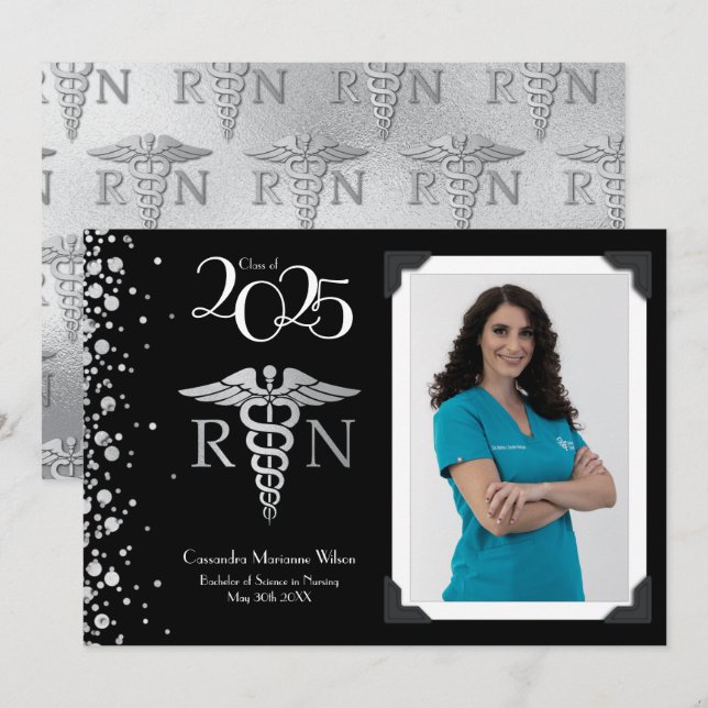Nurse Silver Graduation Announcement Black (Front/Back)