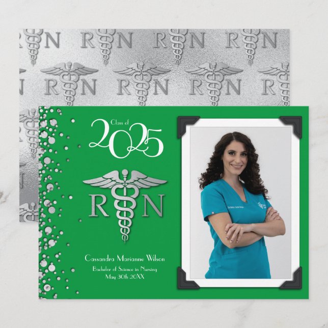 Nurse Silver Graduation Announcement Green (Front/Back)
