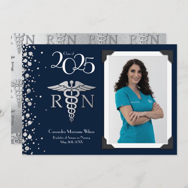 Nurse Silver Graduation Announcement Navy Blue  (Front/Back)