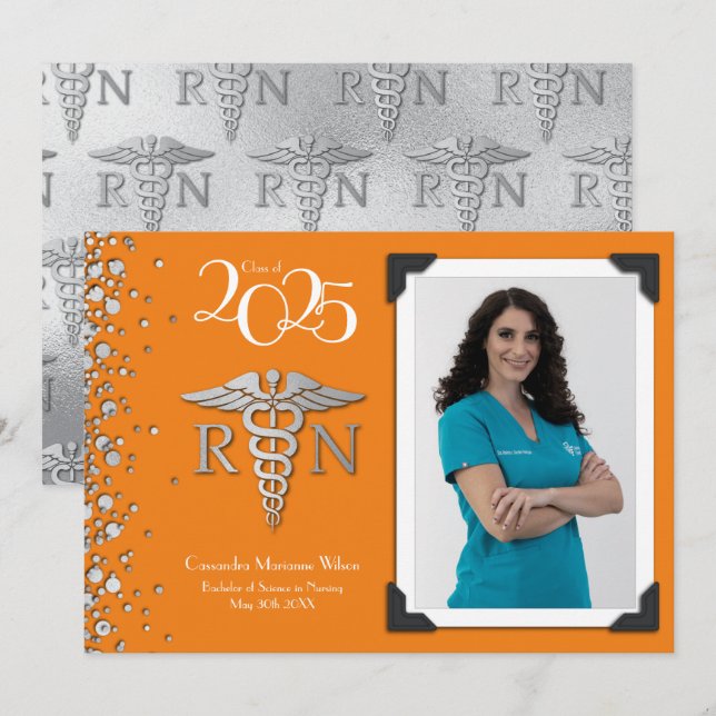 Nurse Silver Graduation Announcement Orange (Front/Back)