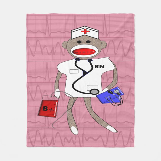 Nurse Sock Monkey Fleece Blanket Pink (Front)