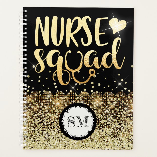Nurse squad gold glitter monogram nursing planner (Front)