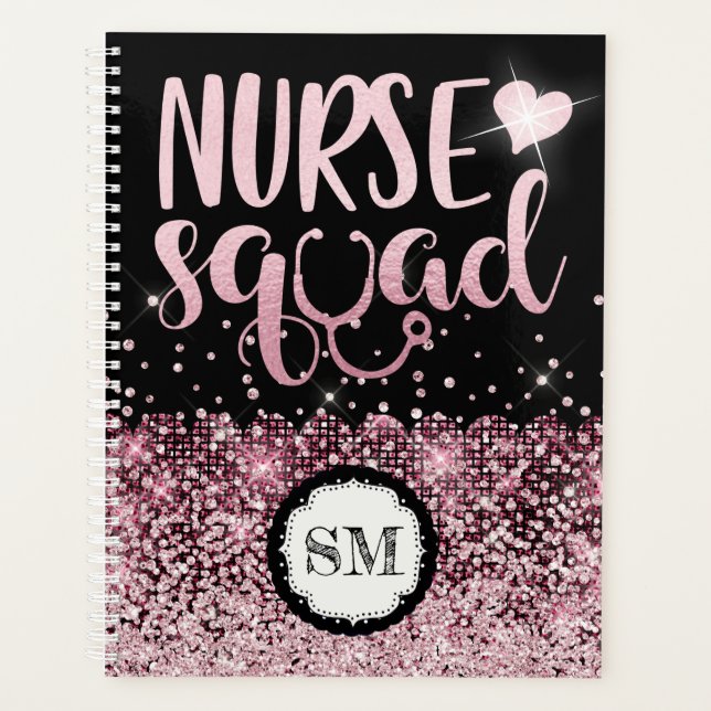 Nurse squad pink glitter monogram nursing planner (Front)
