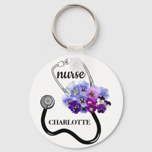 Nurse Stethoscope and Blue Pansy Floral Key Ring