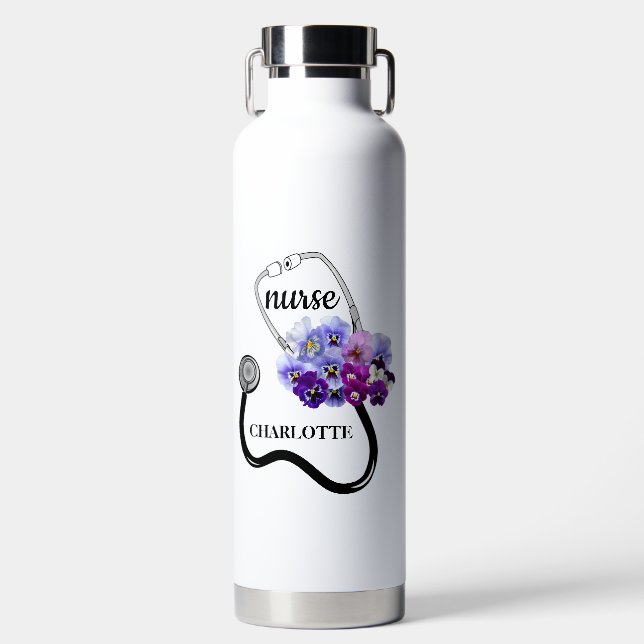  Nurse Stethoscope and Blue Pansy Floral  Water Bottle (Front)