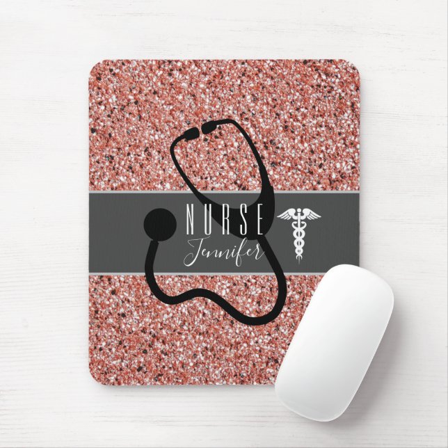 Nurse Stethoscope Caduceus Pink Rose Gold Glitter Mouse Mat (With Mouse)