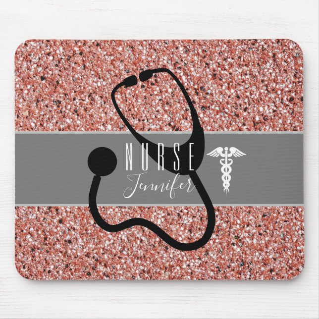 Nurse Stethoscope Caduceus Rose Gold Glitter Mouse Mat (Front)