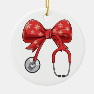 Nurse Stethoscope Christmas Bow Coquette Girly Ceramic Tree Decoration