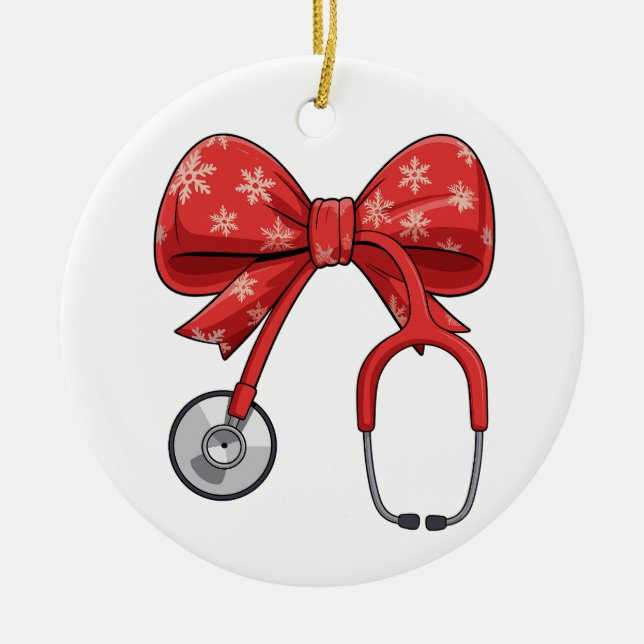 Nurse Stethoscope Christmas Bow Coquette Girly Ceramic Tree Decoration (Front)