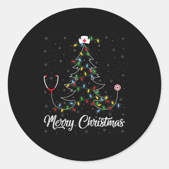 Nurse Stethoscope Christmas Tree Lights Funny Nurs Classic Round Sticker (Front)