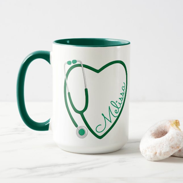 Nurse Stethoscope Heart Green Coffee Fun Mug (With Donut)