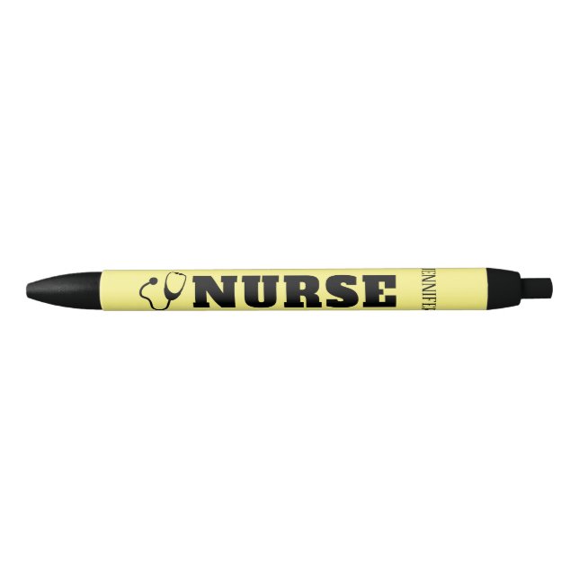 Nurse Stethoscope Pastel Yellow Personalised Name Black Ink Pen (Front)