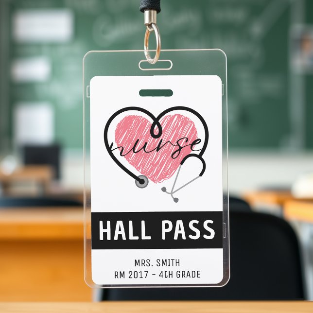 Nurse Stethoscope Pink Heart White Hall Pass ID Badge (Nurse Stethoscope Pink Heart Hall Pass Badge
)