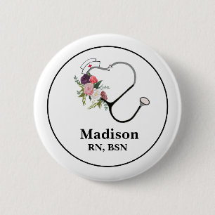 Nurse Stethoscope With Flowers Button