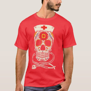 Nurse Sugar Skull Stethoscope RN Medical Halloween T-Shirt