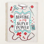 Nurse Super Power Planner<br><div class="desc">Perfect for the busy Nurse lifestyle,  this planner has a place to plan your months,  plan your weeks,  and write down everything that's important to you!
Features old school nurse's hat,  pills,  stethoscope and other icons on an antique linen background. Hand drawn illustration by McBooboos</div>