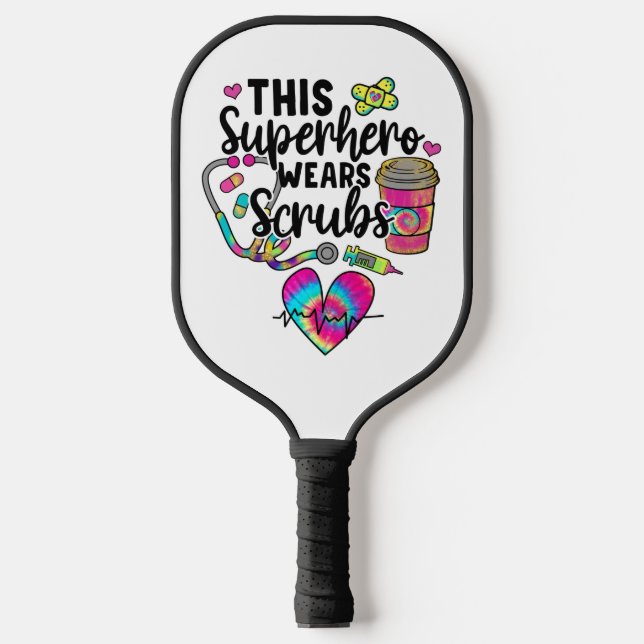 Nurse Superhero Wears Scrubs Colourful Medical Pickleball Paddle (Front)