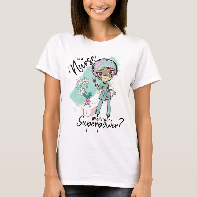 Nurse superpower African American scrubs mask art T-Shirt (Front)