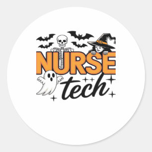 Nurse Tech - Halloween - with skeleton, witch, and Classic Round Sticker