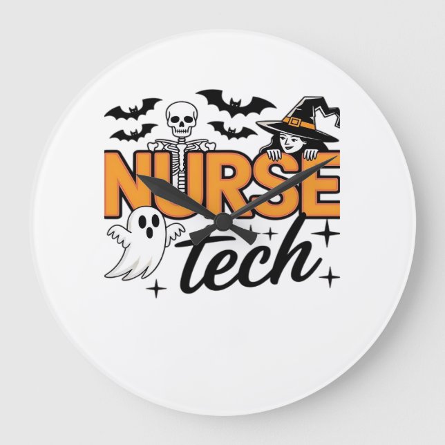 Nurse Tech - Halloween - with skeleton, witch, and Large Clock (Front)