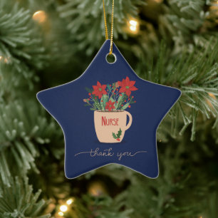 Nurse Thank You at Christmas Poinsettias Ceramic Tree Decoration
