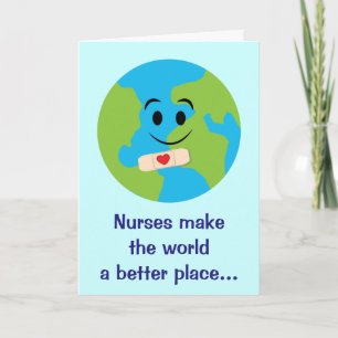 Nurse Thanks with Smiling Globe, Bandage and Heart Thank You Card