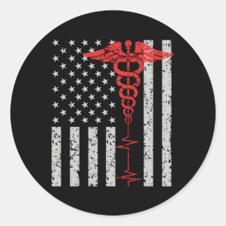 Nurse Thin Red Line Caduceus American Flag Classic Round Sticker