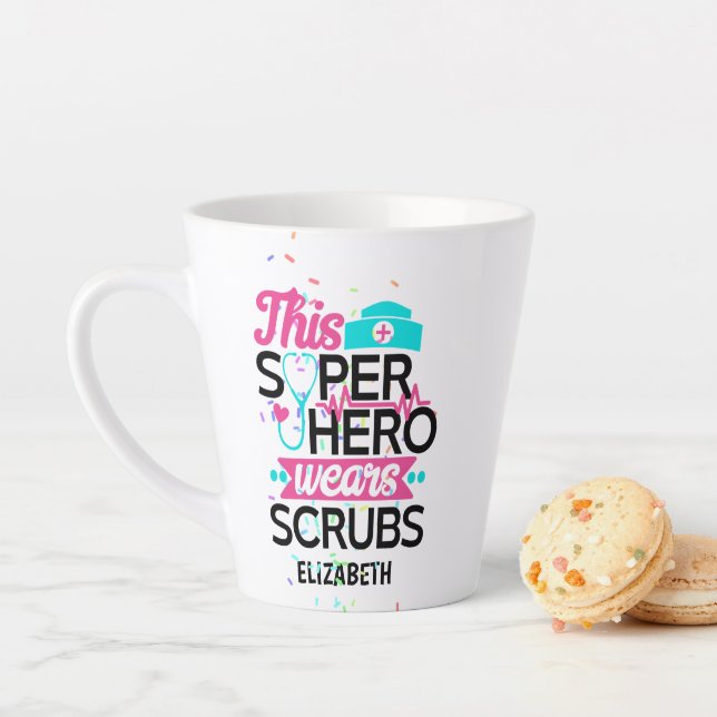 Nurse - This Superhero Wears Scrubs - Add Name Latte Mug (In Situ)