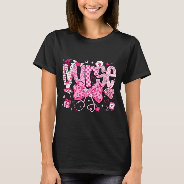 Nurse Valentine's Day Heart Stethoscope Er Icu Nic T-Shirt (Front)