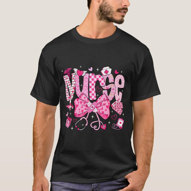Nurse Valentine's Day Heart Stethoscope Er Icu Nic T-Shirt (Front)