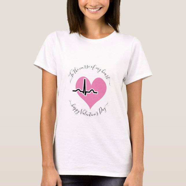 Nurse Valentines Day pink heartbeat pulse T-Shirt (Front)