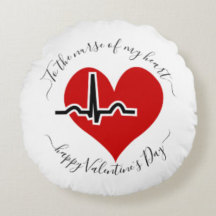Nurse Valentines Day red heartbeat pulse Round Cushion