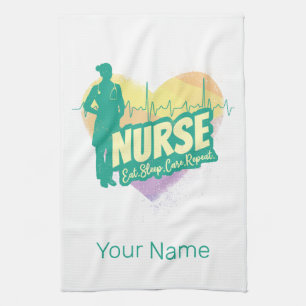 Nurse Vintage Design with Heartbeat Motif Tea Towel
