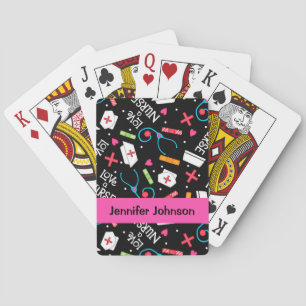 Nurse Whimsy Art Black Name Personalised Playing Cards