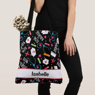 Nurse Whimsy Medical Art Black Name Personalised Tote Bag