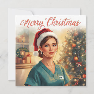 Nurse with Christmas tree in hospital  Holiday Card