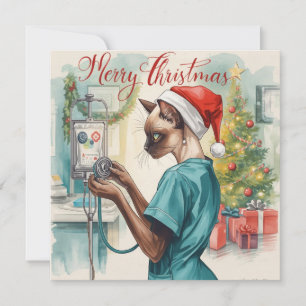 Nurse with Christmas tree in hospital  Holiday Card