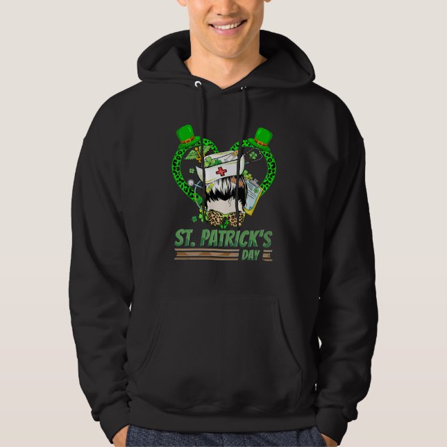 Nurse Women heart Messy Bun St Patrick's Day Shamr Hoodie (Front)