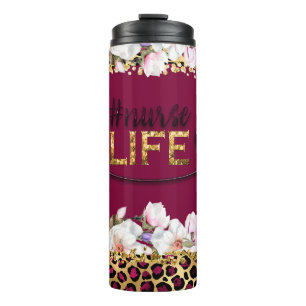 #Nurselife Gold Glitter Cheetah Print Burgundy Thermal Tumbler