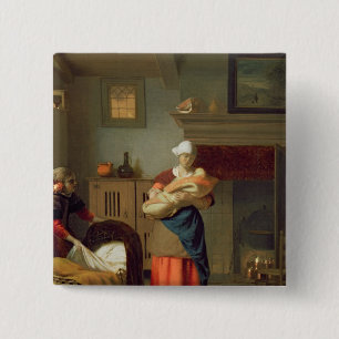 Nursemaid with baby in an interior 15 cm square badge