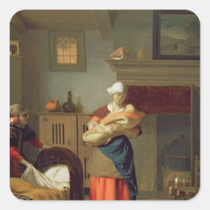 Nursemaid with baby in an interior square sticker